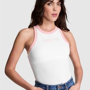 PINK Victoria's Secret Multi Ribbed White and Pink Heart Y2K Tank Top Size Med